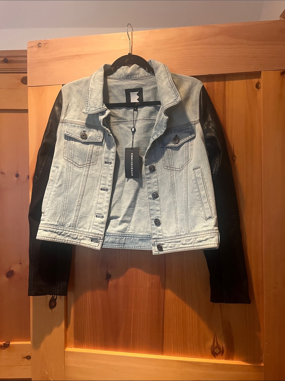 Emmy Deveux moto style Light Wash Denim Jacket with Black faux Leather Sleeves